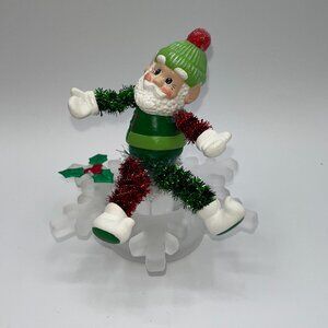 Vintage Ceramic Hand Painted Santa atop a vintage frosted glass snowflake OOAK